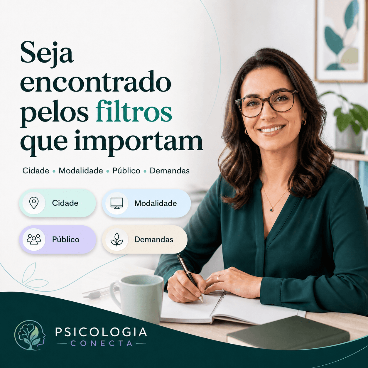 Filtros para encontrar profissionais por cidade, modalidade, público e demandas